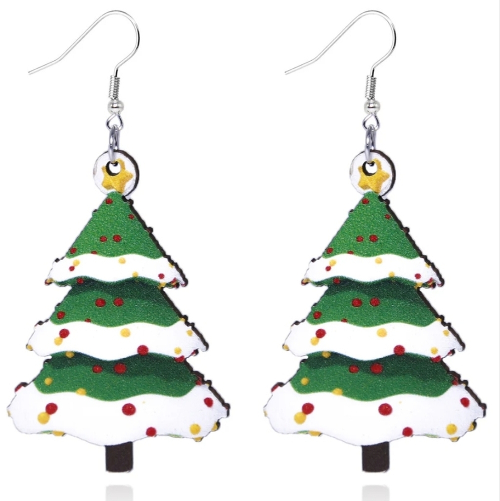 Festive Holiday Christmas Tree with Star & Decorations‎ Wooden Women's Earrings